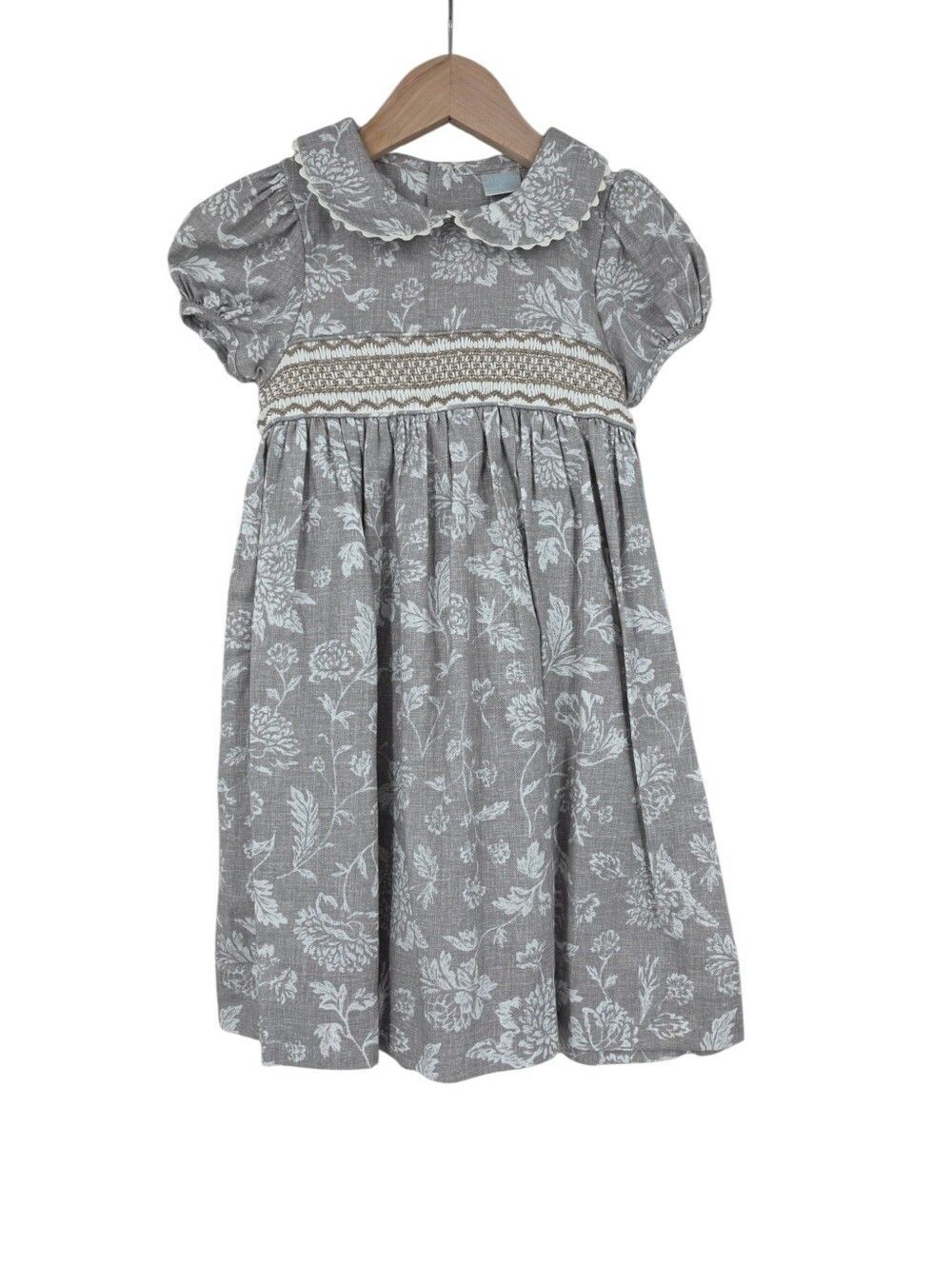 Edgehill Cotton Gray Smocked Floral Peter Pan Collar Girls Toddler 4T Dress NEW
